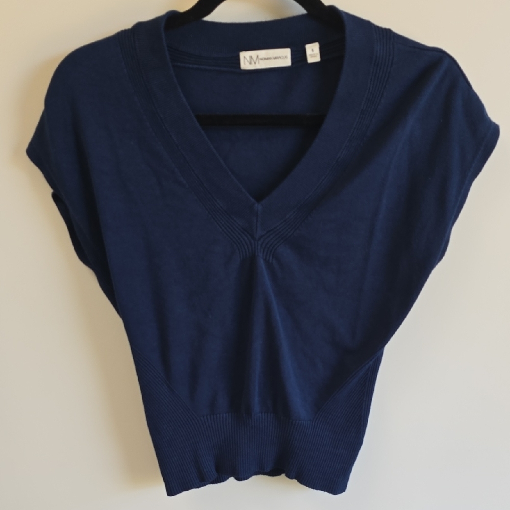 Neiman Marcus Navy Knit V-Neck Top